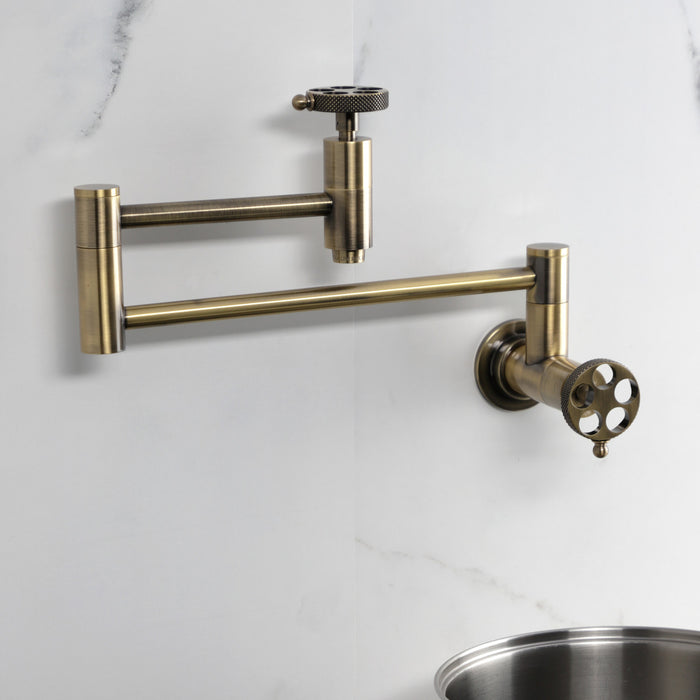 Kingston Sona KS8103RKX - Webb Two-Handle 1-Hole Wall Mount Pot Filler Faucet with Knurled Handle, Antique Brass