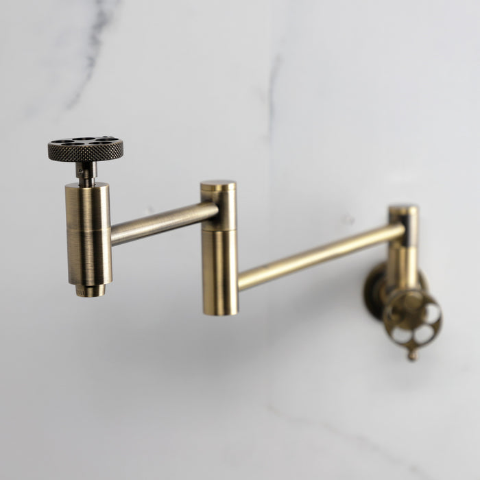 Kingston Sona KS8103RKX - Webb Two-Handle 1-Hole Wall Mount Pot Filler Faucet with Knurled Handle, Antique Brass