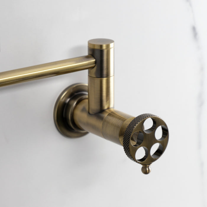 Kingston Sona KS8103RKX - Webb Two-Handle 1-Hole Wall Mount Pot Filler Faucet with Knurled Handle, Antique Brass