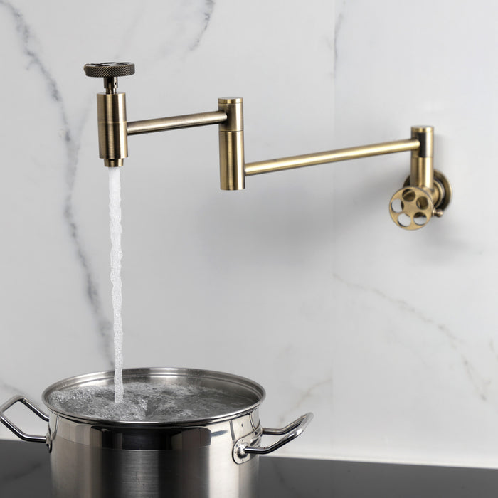 Kingston Sona KS8103RKX - Webb Two-Handle 1-Hole Wall Mount Pot Filler Faucet with Knurled Handle, Antique Brass