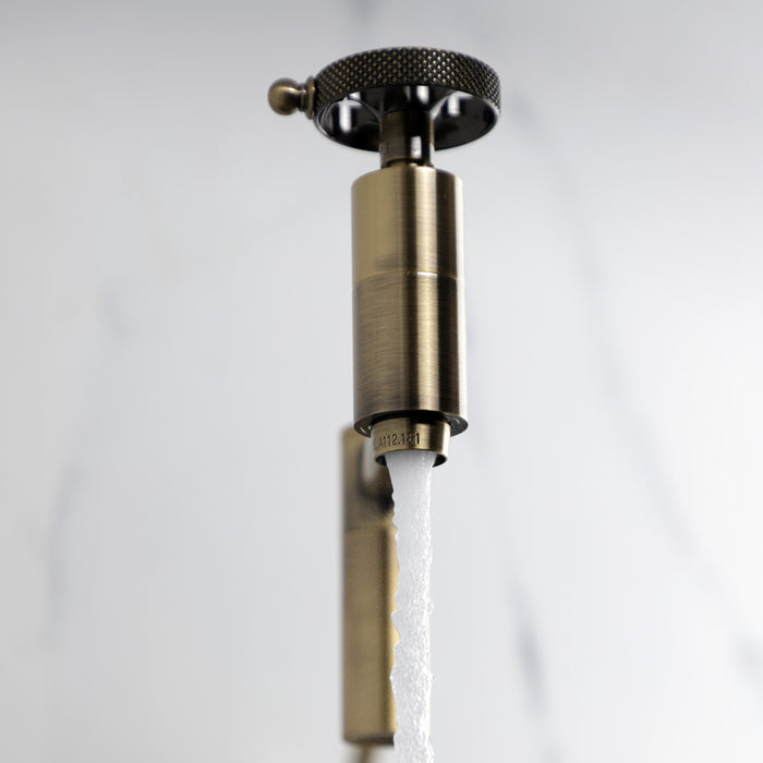 Kingston Sona KS8103RKX - Webb Two-Handle 1-Hole Wall Mount Pot Filler Faucet with Knurled Handle, Antique Brass