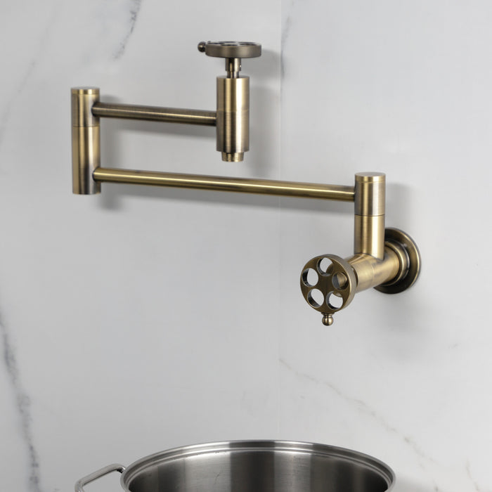 Kingston Sona KS8103RKZ - Wendell Two-Handle 1-Hole Wall Mount Pot Filler Faucet with Knurled Handle, Antique Brass