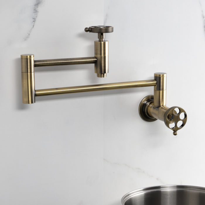 Kingston Sona KS8103RKZ - Wendell Two-Handle 1-Hole Wall Mount Pot Filler Faucet with Knurled Handle, Antique Brass