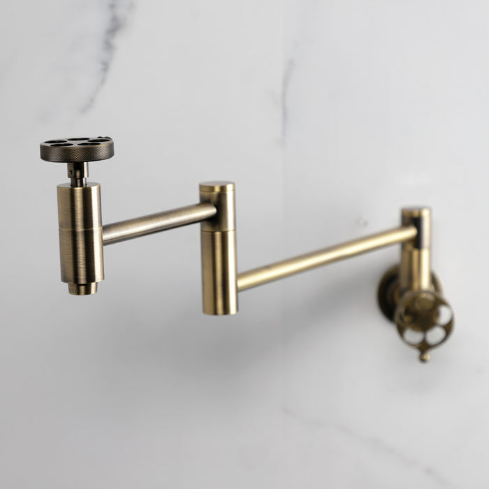 Kingston Sona KS8103RKZ - Wendell Two-Handle 1-Hole Wall Mount Pot Filler Faucet with Knurled Handle, Antique Brass