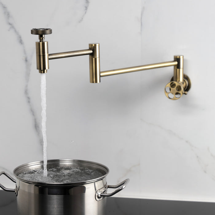 Kingston Sona KS8103RKZ - Wendell Two-Handle 1-Hole Wall Mount Pot Filler Faucet with Knurled Handle, Antique Brass
