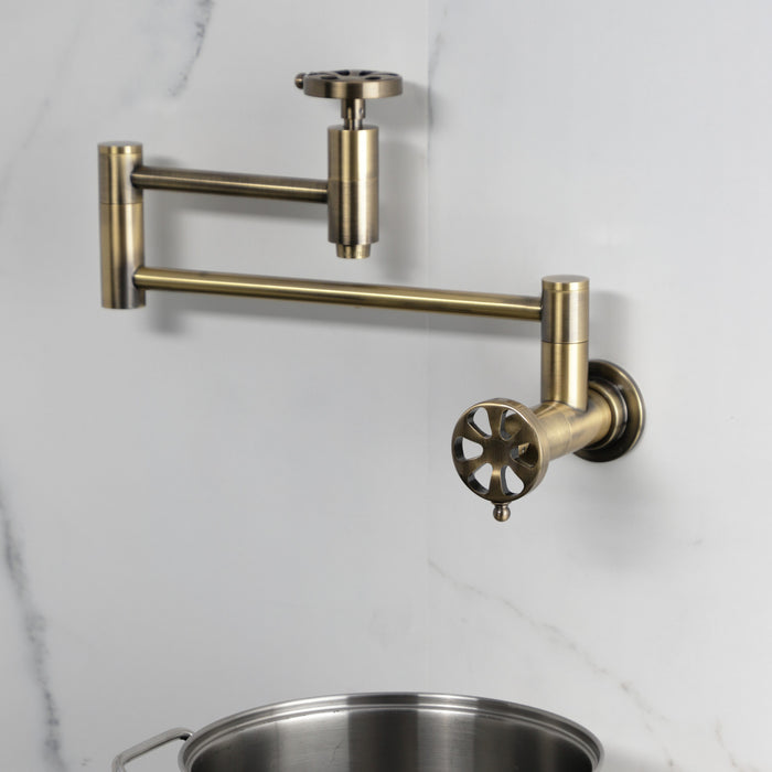 Kingston Sona KS8103RX - Belknap Two-Handle 1-Hole Wall Mount Pot Filler Faucet, Antique Brass