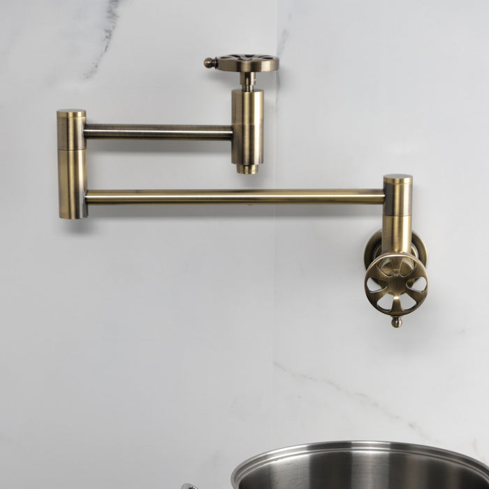 Kingston Sona KS8103RX - Belknap Two-Handle 1-Hole Wall Mount Pot Filler Faucet, Antique Brass