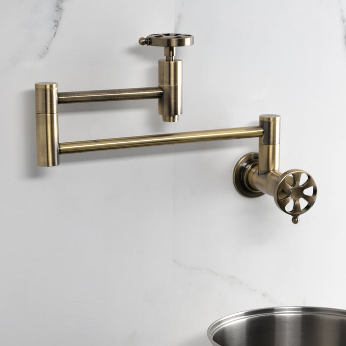 Kingston Sona KS8103RX - Belknap Two-Handle 1-Hole Wall Mount Pot Filler Faucet, Antique Brass