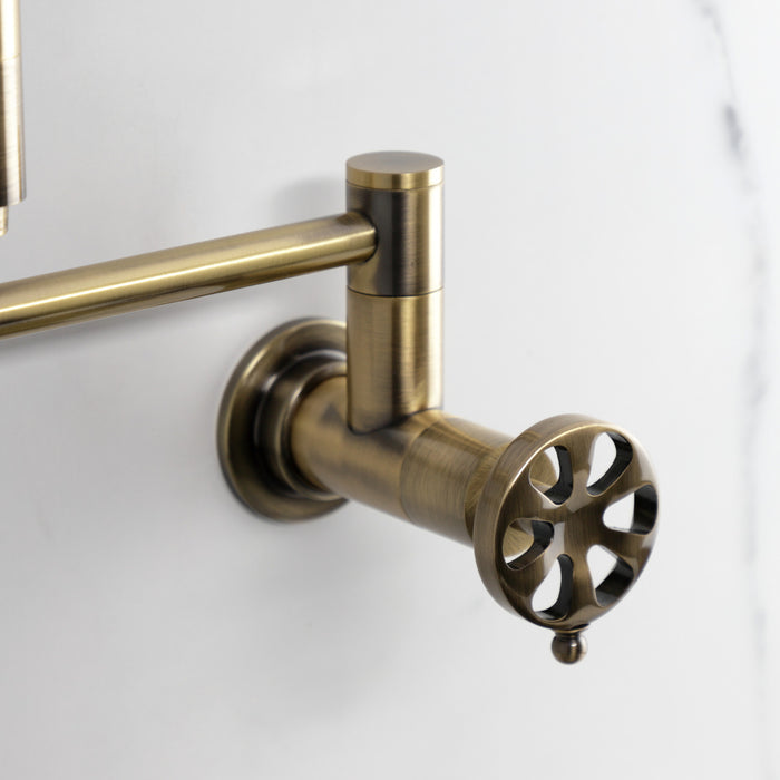 Kingston Sona KS8103RX - Belknap Two-Handle 1-Hole Wall Mount Pot Filler Faucet, Antique Brass