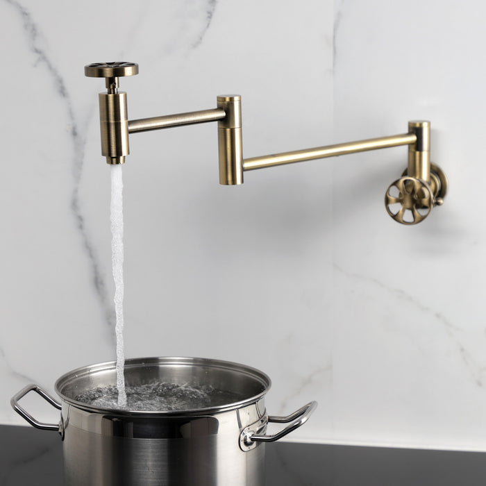 Kingston Sona KS8103RX - Belknap Two-Handle 1-Hole Wall Mount Pot Filler Faucet, Antique Brass
