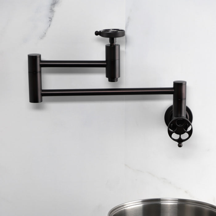 Kingston Sona KS8105RKZ - Wendell Two-Handle 1-Hole Wall Mount Pot Filler Faucet with Knurled Handle, Oil Rubbed Bronze