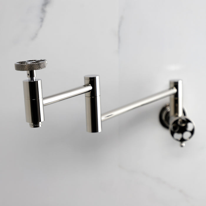 Kingston Sona KS8106RKX - Webb Two-Handle 1-Hole Wall Mount Pot Filler Faucet with Knurled Handle, Polished Nickel