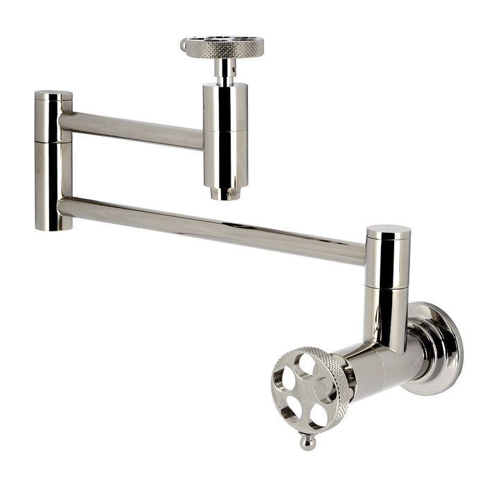 Kingston Sona KS8106RKX - Webb Two-Handle 1-Hole Wall Mount Pot Filler Faucet with Knurled Handle, Polished Nickel