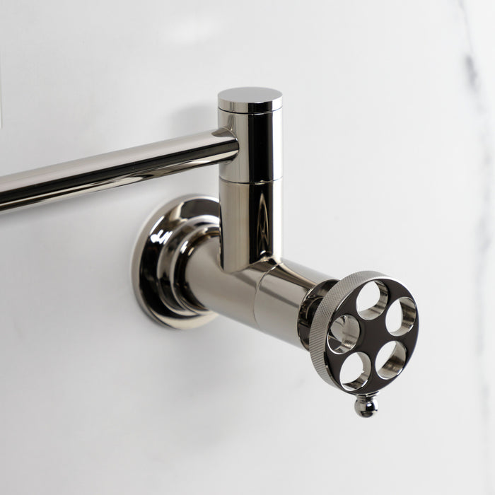 Kingston Sona KS8106RKZ - Wendell Two-Handle 1-Hole Wall Mount Pot Filler Faucet with Knurled Handle, Polished Nickel