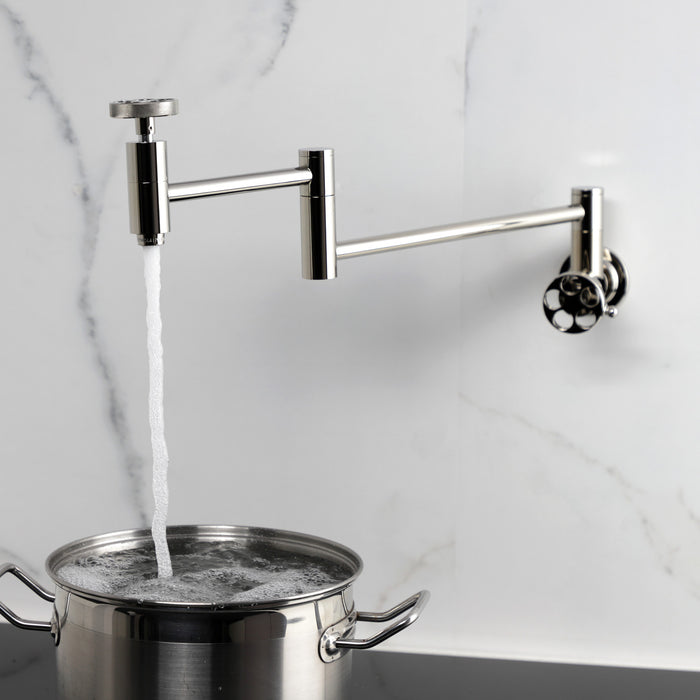 Kingston Sona KS8106RKZ - Wendell Two-Handle 1-Hole Wall Mount Pot Filler Faucet with Knurled Handle, Polished Nickel