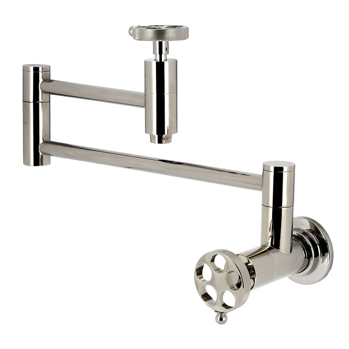 Kingston Sona KS8106RKZ - Wendell Two-Handle 1-Hole Wall Mount Pot Filler Faucet with Knurled Handle, Polished Nickel