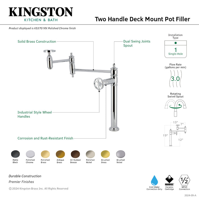 Kingston Sona KS8107RX - Belknap Two-Handle 1-Hole Wall Mount Pot Filler Faucet, Brushed Brass