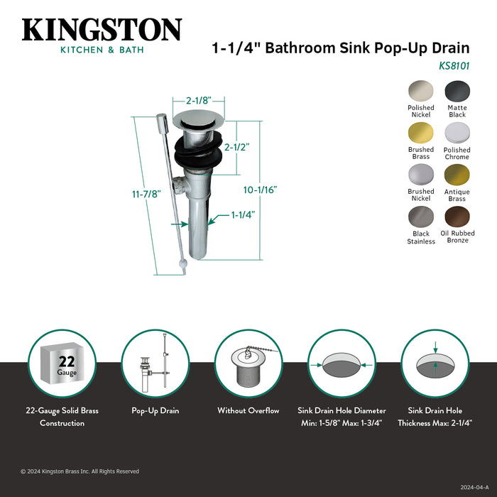 Concord KS8108 Brass Pop-Up Bathroom Sink Drain without Overflow, 22 Gauge, Brushed Nickel