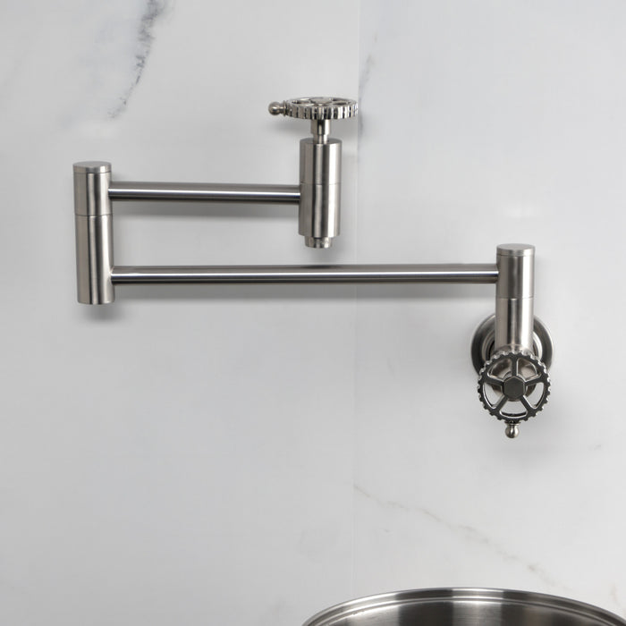 Kingston Sona KS8108CG - Fuller Two-Handle 1-Hole Wall Mount Pot Filler Faucet, Brushed Nickel