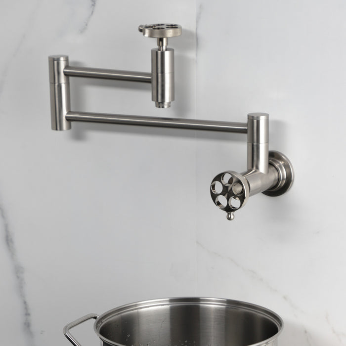 Kingston Sona KS8108RKZ - Wendell Two-Handle 1-Hole Wall Mount Pot Filler Faucet with Knurled Handle, Brushed Nickel