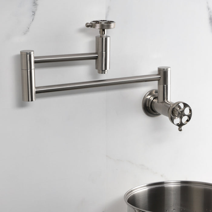 Kingston Sona KS8108RKZ - Wendell Two-Handle 1-Hole Wall Mount Pot Filler Faucet with Knurled Handle, Brushed Nickel