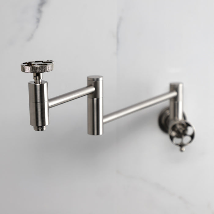 Kingston Sona KS8108RKZ - Wendell Two-Handle 1-Hole Wall Mount Pot Filler Faucet with Knurled Handle, Brushed Nickel