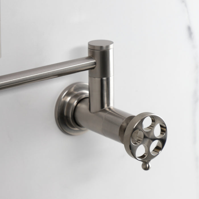 Kingston Sona KS8108RKZ - Wendell Two-Handle 1-Hole Wall Mount Pot Filler Faucet with Knurled Handle, Brushed Nickel