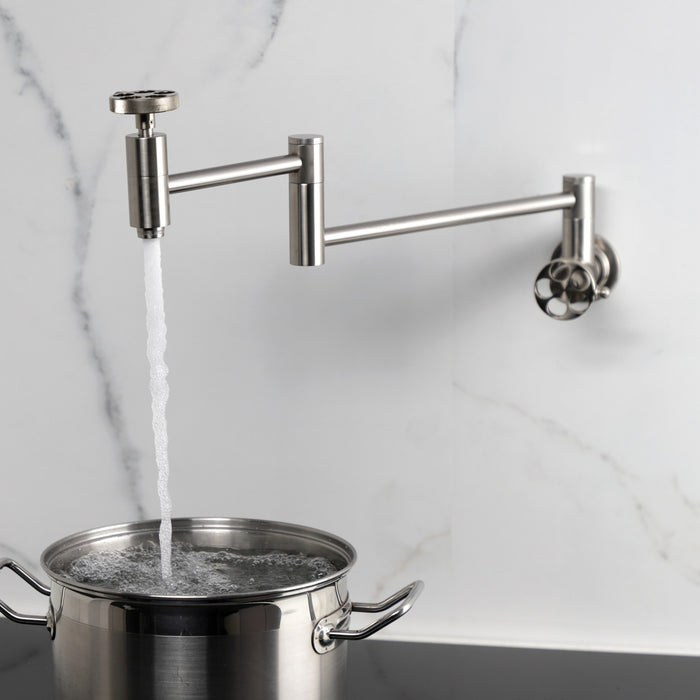 Kingston Sona KS8108RKZ - Wendell Two-Handle 1-Hole Wall Mount Pot Filler Faucet with Knurled Handle, Brushed Nickel