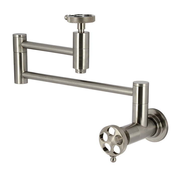 Wendell KS8108RKZ Two-Handle 1-Hole Wall Mount Pot Filler with Knurled Handle, Brushed Nickel