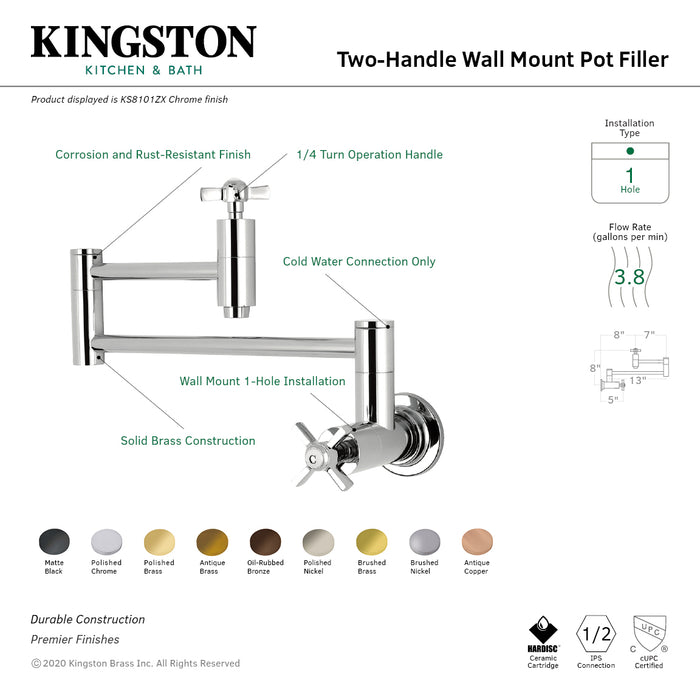 Kingston Sona KS8108ZX - Millennium Two-Handle 1-Hole Wall Mount Pot Filler Faucet, Brushed Nickel