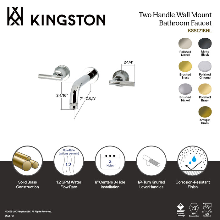 Convergent KS8122KNL Double-Handle 3-Hole Wall Mount Bathroom Faucet with Knurled Handle, Polished Brass