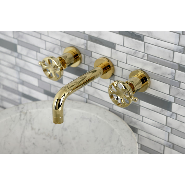 Kingston Sona KS8122RX - Belknap Double-Handle 3-Hole Wall Mount Bathroom Faucet, Polished Brass