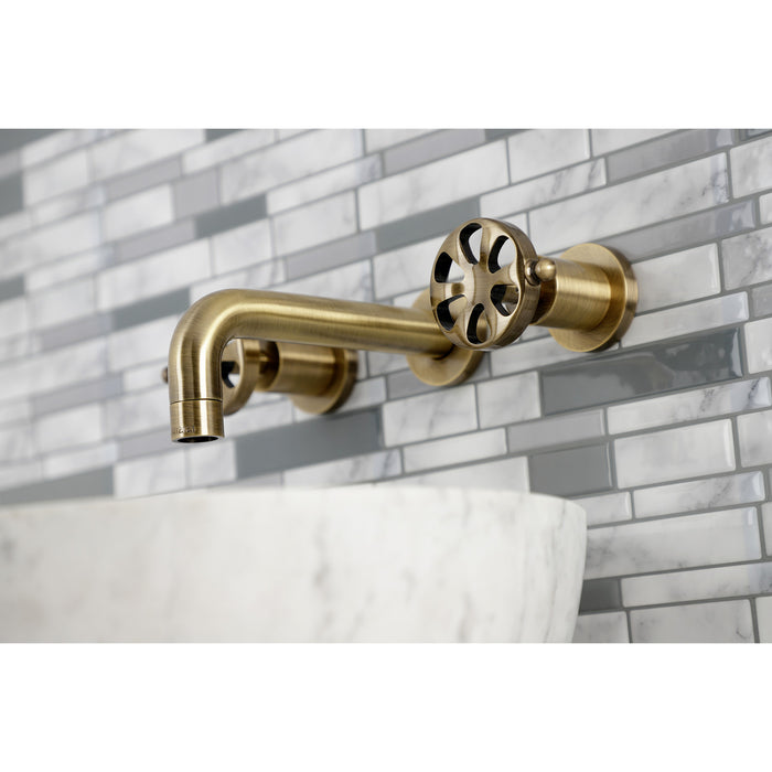 Kingston Sona KS8123RX - Belknap Double-Handle 3-Hole Wall Mount Bathroom Faucet, Antique Brass