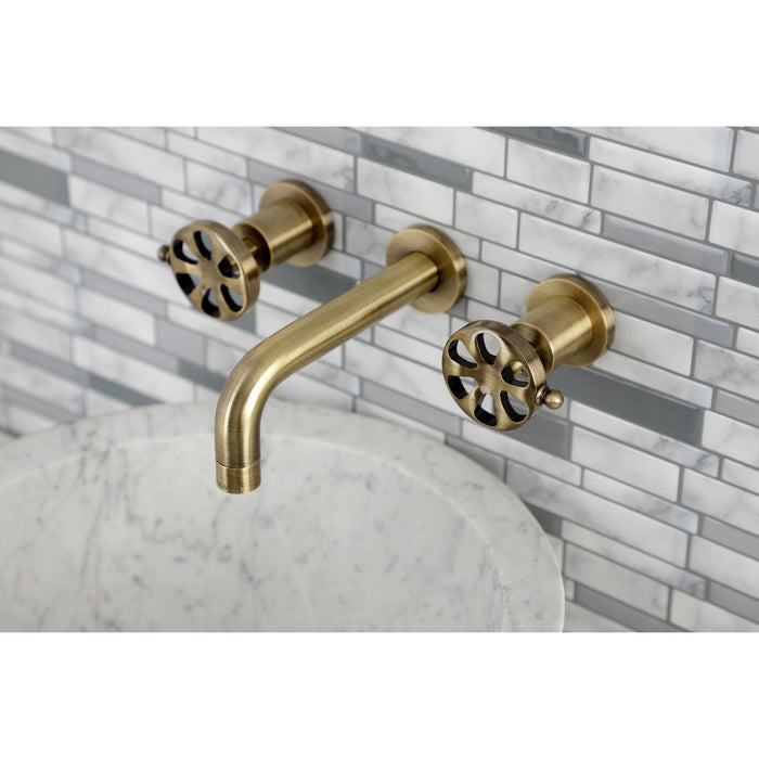 Kingston Sona KS8123RX - Belknap Double-Handle 3-Hole Wall Mount Bathroom Faucet, Antique Brass