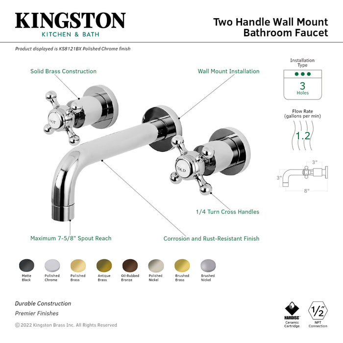 Kingston Sona KS8127BX - Metropolitan Double-Handle 3-Hole Wall Mount Bathroom Faucet, Brushed Brass