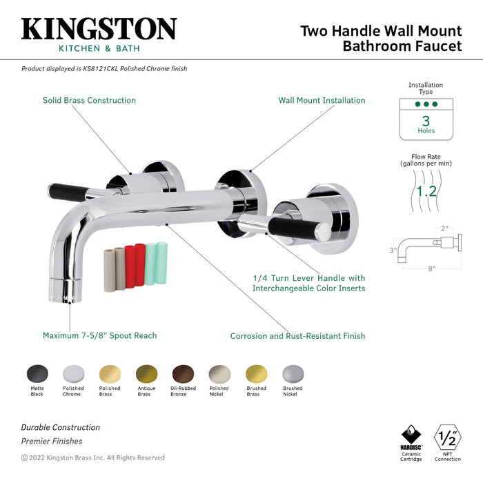 Kingston Sona KS8127CKL - Kaiser Double-Handle 3-Hole Wall Mount Bathroom Faucet, Brushed Brass
