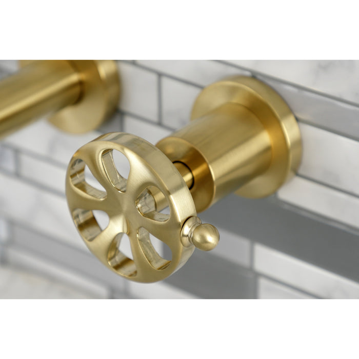 Kingston Sona KS8127RX - Belknap Double-Handle 3-Hole Wall Mount Bathroom Faucet, Brushed Brass