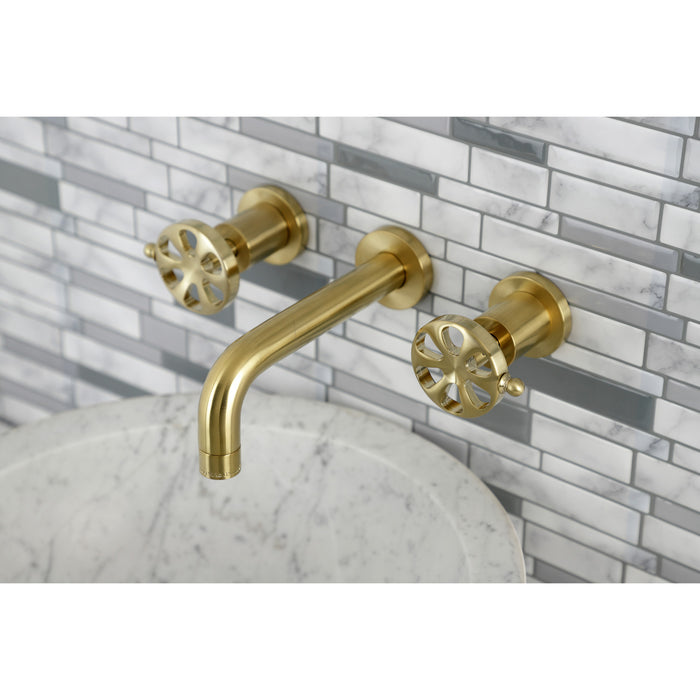 Kingston Sona KS8127RX - Belknap Double-Handle 3-Hole Wall Mount Bathroom Faucet, Brushed Brass
