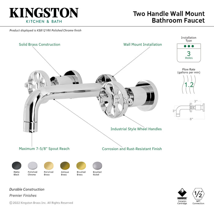 Kingston Sona KS8128RX - Belknap Double-Handle 3-Hole Wall Mount Bathroom Faucet, Brushed Nickel