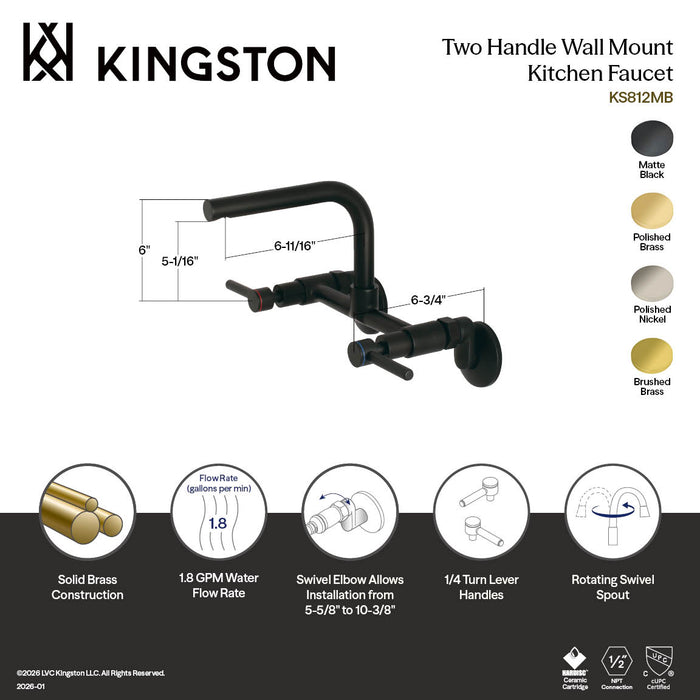 Kingston Sona KS812PN - Concord Two-Handle 2-Hole Wall Mount Bridge Kitchen Faucet, Polished Nickel