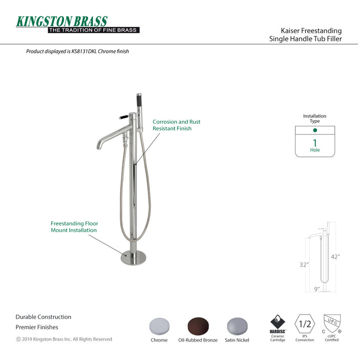 Kingston Sona KS8131DKL - Kaiser Single-Handle 1-Hole Freestanding Tub Faucet with Hand Shower, Polished Chrome