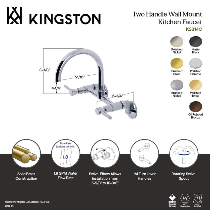 Kingston Sona KS814PN - Concord Two-Handle 2-Hole Wall Mount Bridge Kitchen Faucet, Polished Nickel