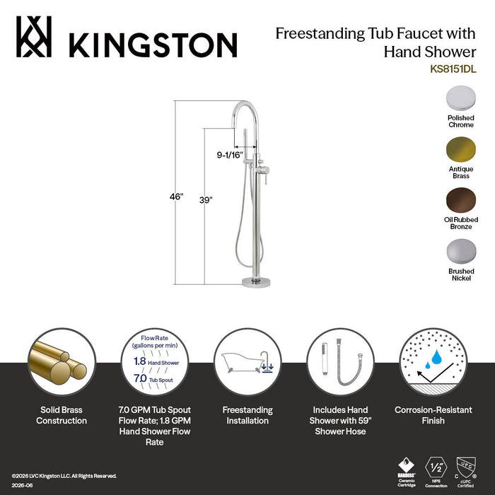Kingston Concord KS8153DL Single-Handle 1-Hole Freestanding Tub Faucet with Hand Shower, Antique Brass