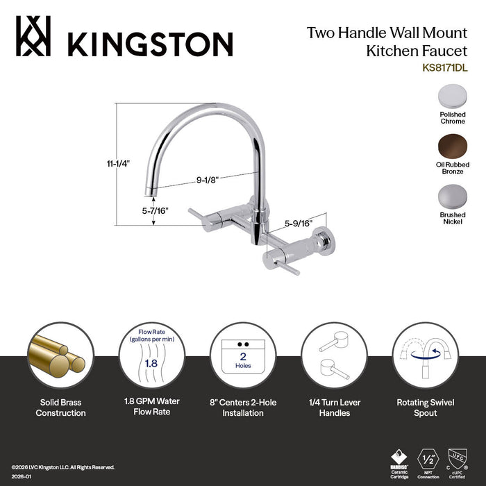 Kingston Sona KS8178DL - Concord Two-Handle 2-Hole Wall Mount Bridge Kitchen Faucet, Brushed Nickel