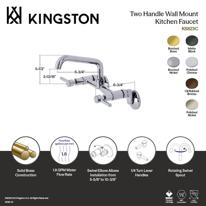 Kingston Sona KS823C - Concord Two-Handle 2-Hole Wall Mount Bridge Kitchen Faucet, Polished Chrome