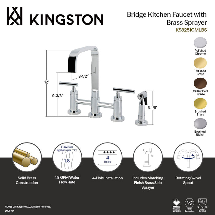 Kingston Sona KS8251CMLBS - Manhattan Two-Handle 4-Hole Deck Mount Bridge Kitchen Faucet with Brass Sprayer, Polished Chrome