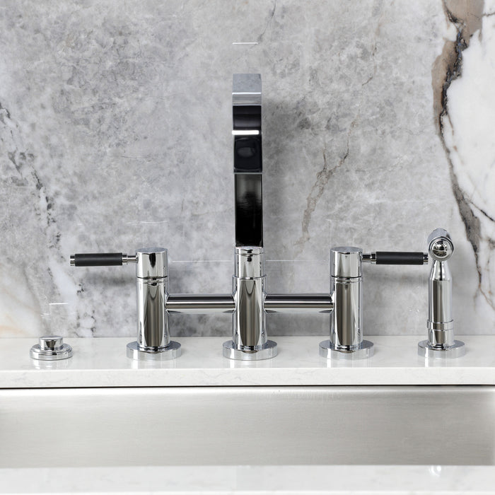 Kingston Sona KS8251DKLBS - Kaiser Two-Handle 4-Hole Deck Mount Bridge Kitchen Faucet with Brass Sprayer, Polished Chrome