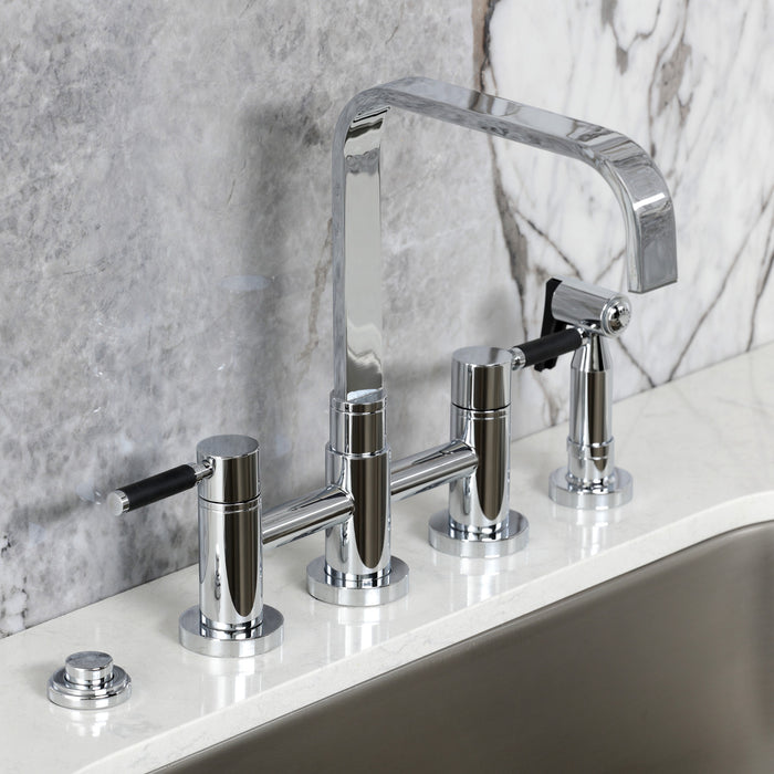 Kingston Sona KS8251DKLBS - Kaiser Two-Handle 4-Hole Deck Mount Bridge Kitchen Faucet with Brass Sprayer, Polished Chrome