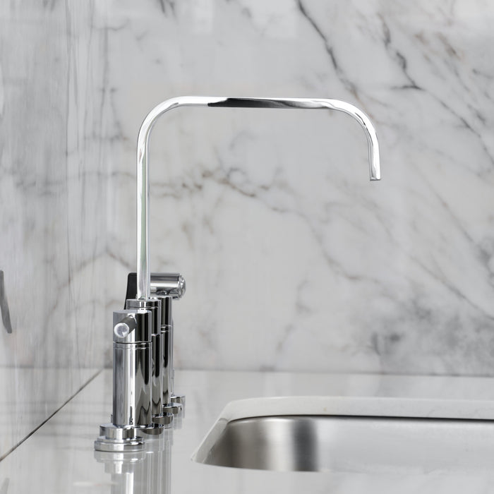 Kingston Sona KS8251DKLBS - Kaiser Two-Handle 4-Hole Deck Mount Bridge Kitchen Faucet with Brass Sprayer, Polished Chrome