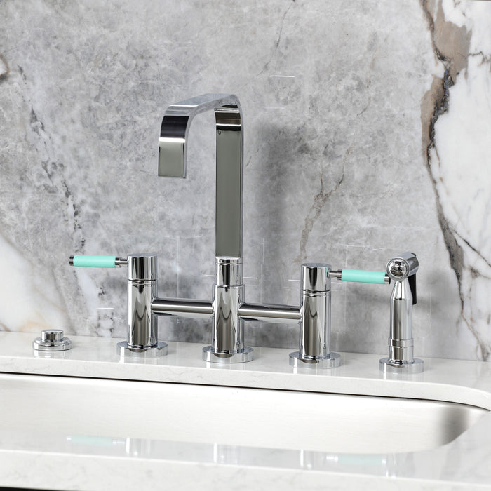 Kingston Sona KS8251DKLBS - Kaiser Two-Handle 4-Hole Deck Mount Bridge Kitchen Faucet with Brass Sprayer, Polished Chrome